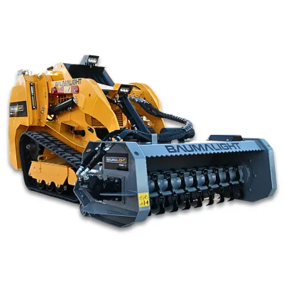 Baumalight FMM148 flail mower mounted on mini skid steer cutting heavy grass
