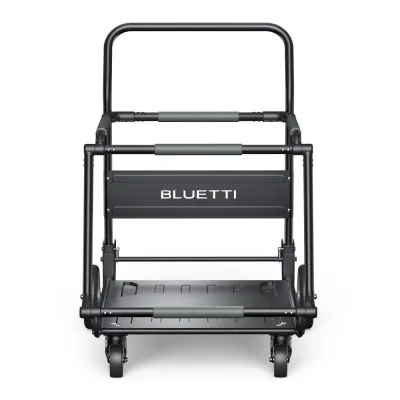 BLUETTI foldable trolley with metal frame holding power units on 360-degree wheels