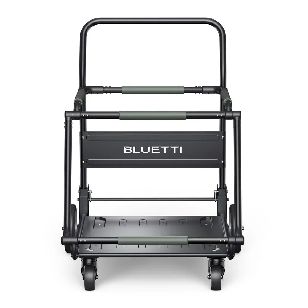 Click to zoom BLUETTI foldable trolley with metal frame holding power units on 360-degree wheels